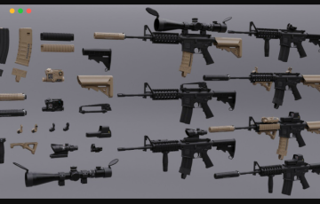 模型资产 – 机枪武器模型道具 M4 Carbine Rifle +14 Attachments pack