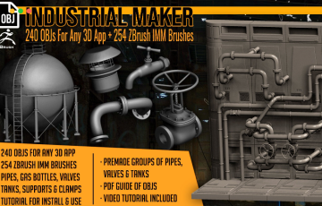 Zbrush笔刷 – 240 种管道阀门煤气罐模型 + ZB笔刷资产 Industrial Maker 240 OBJs and 254 ZBrush IMM Brushes