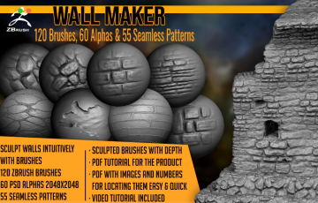 ZBrush笔刷 – 墙壁石砖笔刷包 Wall Maker 120 ZBrush Brushes, 60 Alphas, and 55 Patterns