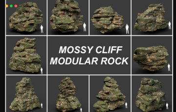 模型资产 – 10套洞穴悬崖岩石资产 Low poly Mossy Jungle Cliff Modular 3d model