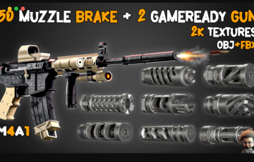 模型资产 – 50 支枪口消音器3D模型+纹理 50 Muzzle Brake + 2 Game Ready Gun + Textures
