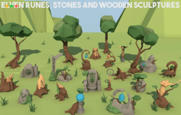 游戏石头和木制雕塑模型 ELVEN RUNES, STONES AND WOODEN SCULPTURES 3D LOW POLY MODELS