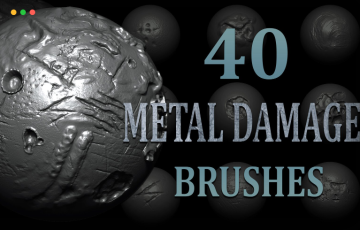 Zbrush笔刷 – 40 组金属损坏笔刷 Metal Damage Brush + Alphas