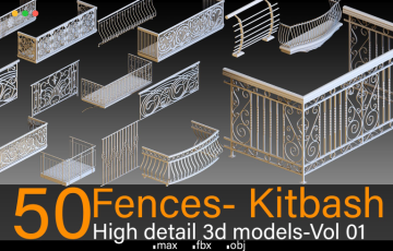模型资产 – 50 种高细节窗台栏杆3D模型 50 Fences High detail 3d models v01