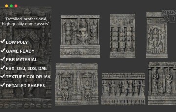 模型资产 – 古印度教寺庙墙模块化超高清纹理 Low poly Ancient Hindu Temple Wall modular Ultra HD 16K Texture