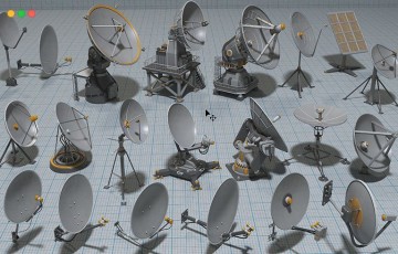 模型资产 – 21 组高细节天线雷达 21 high poly and middle poly textured antennas