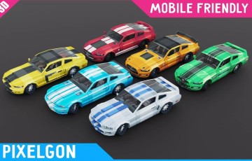 Unity – 风格化赛车资产 PIXELGON Muscle Cars Pack – Low Poly Pixel Art 3D