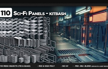 模型资产 – 110 种科幻硬表面面板模型 110 Sci-Fi Panels – KITBASH