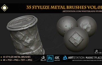 Zbrush笔刷 – 35 种风格化金属笔刷 35 Stylize Metal Brushes and 4K Alphas Vol.01