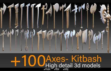 模型资产 – 高细节冷兵器武器3D模型 100 Axes- Kitbash- High detail 3d models