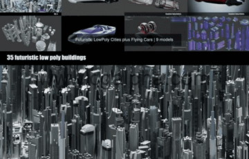 3D模型 – 180组低多边形科幻城市楼房建筑群汽车