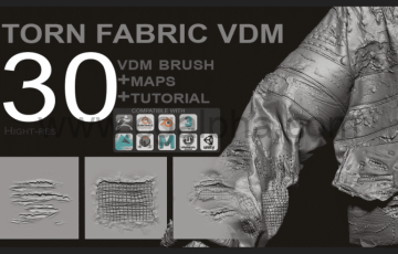 Zbrush笔刷 – 撕裂的织物VDM笔刷 Torn Fabric Brushes + Full Maps