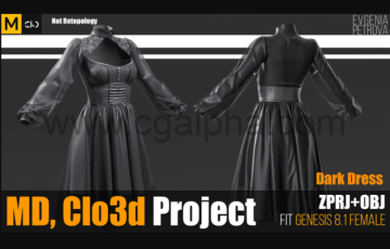 模型资产 – 深色连衣裙 Dark Dress. Marvelous Designer Clo3d Project + OBJ