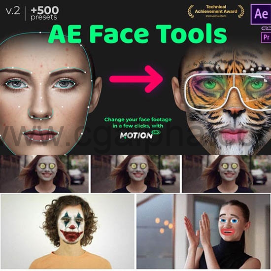 AE脚本-500+人脸面部追踪表情化妆美颜丑化贴图换脸锁定特效预设工具