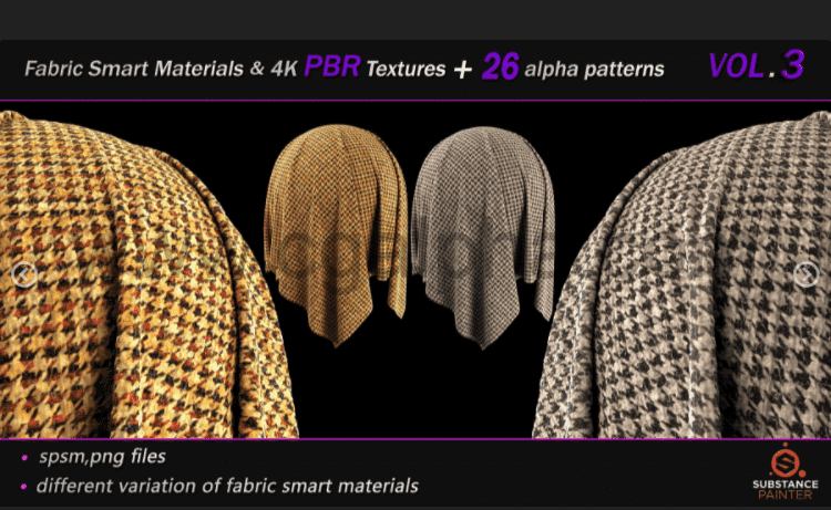 Artstation-50 种高品质织物智能材料包 + 4K PBR 纹理 + 26 种无缝 Alpha 图案