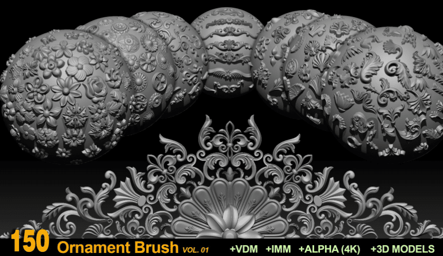 150种装饰画笔和 Alphas+3D 模型 150 Ornament Brushes and Alphas + 3D Models VOL 01
