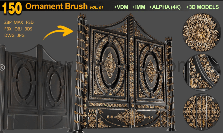 150种装饰画笔和 Alphas+3D 模型 150 Ornament Brushes and Alphas + 3D Models VOL 01