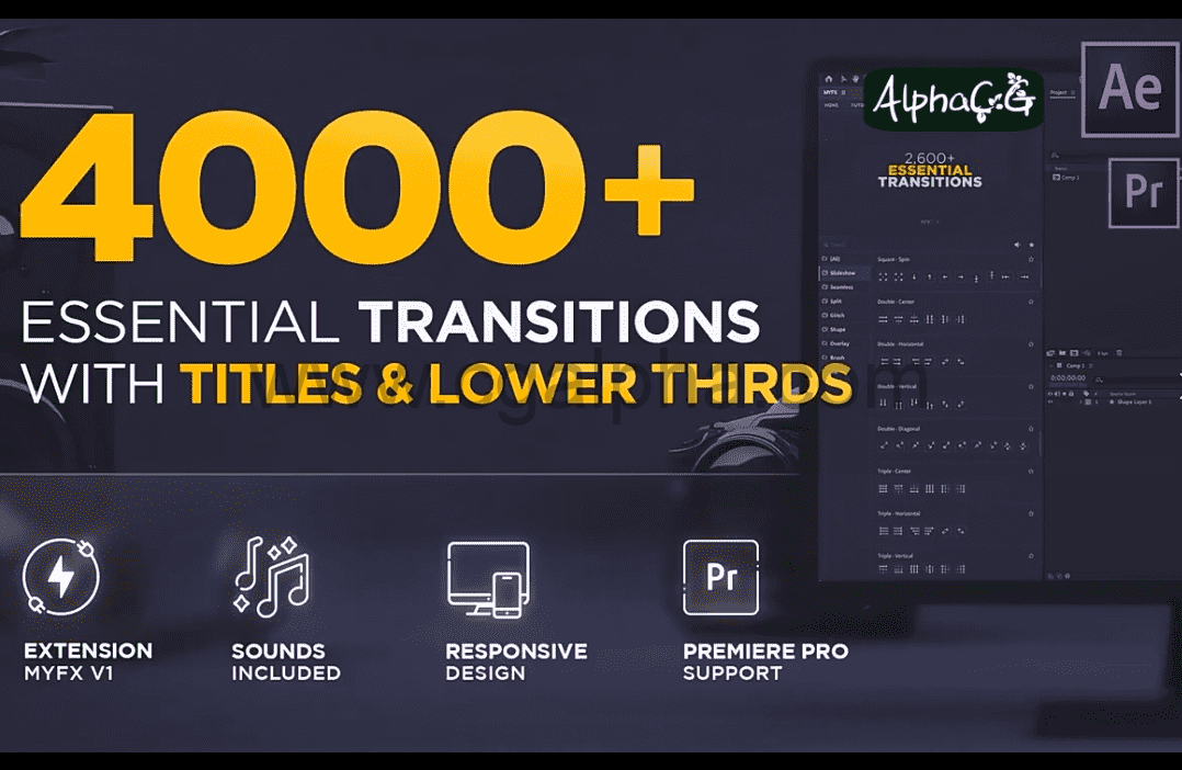 AE脚本-4000+故障无缝过渡缩放图形转场标题字幕动画预设V2.0