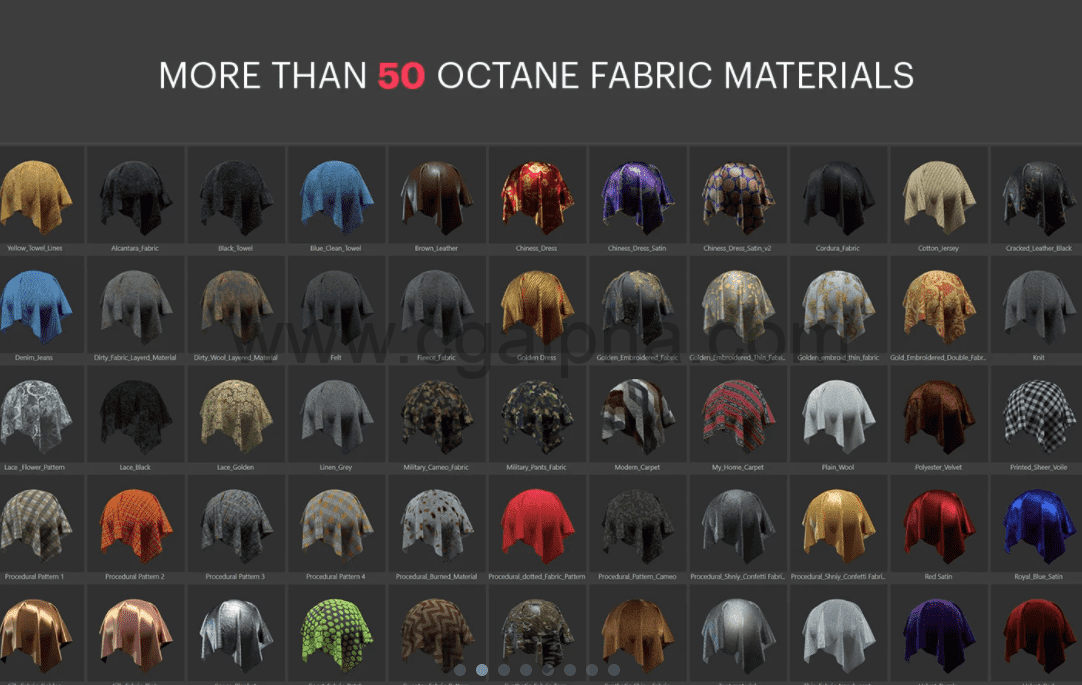 Octane渲染器 – 50种面料布料绸缎丝绸亚麻地毯材质预设