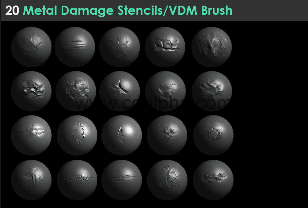 20组Zbrush金属损坏凹痕撕裂VDM笔刷预设