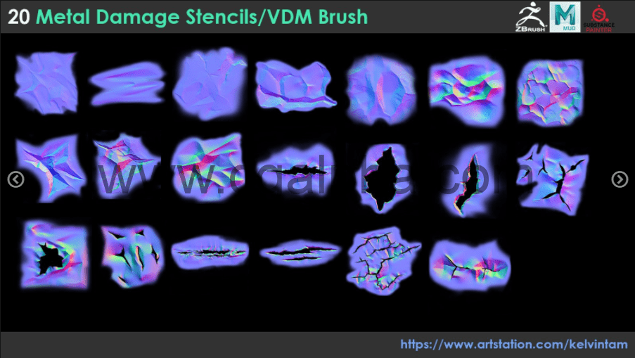 20组Zbrush金属损坏凹痕撕裂VDM笔刷预设 20组Zbrush金属损坏凹痕撕裂VDM笔刷预设