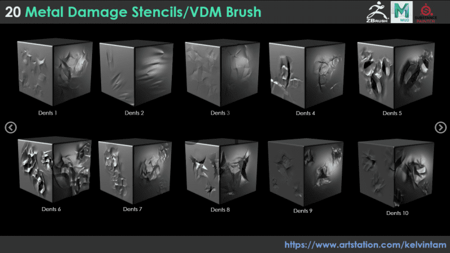 20组Zbrush金属损坏凹痕撕裂VDM笔刷预设 20组Zbrush金属损坏凹痕撕裂VDM笔刷预设