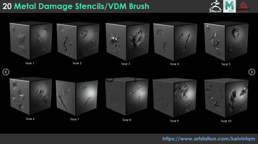 20组Zbrush金属损坏凹痕撕裂VDM笔刷预设 20组Zbrush金属损坏凹痕撕裂VDM笔刷预设