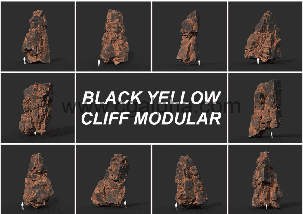 10种黑色黄色悬崖模块化3D模型资产