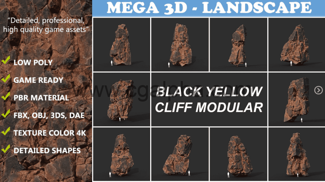 10种黑色黄色悬崖模块化3D模型资产