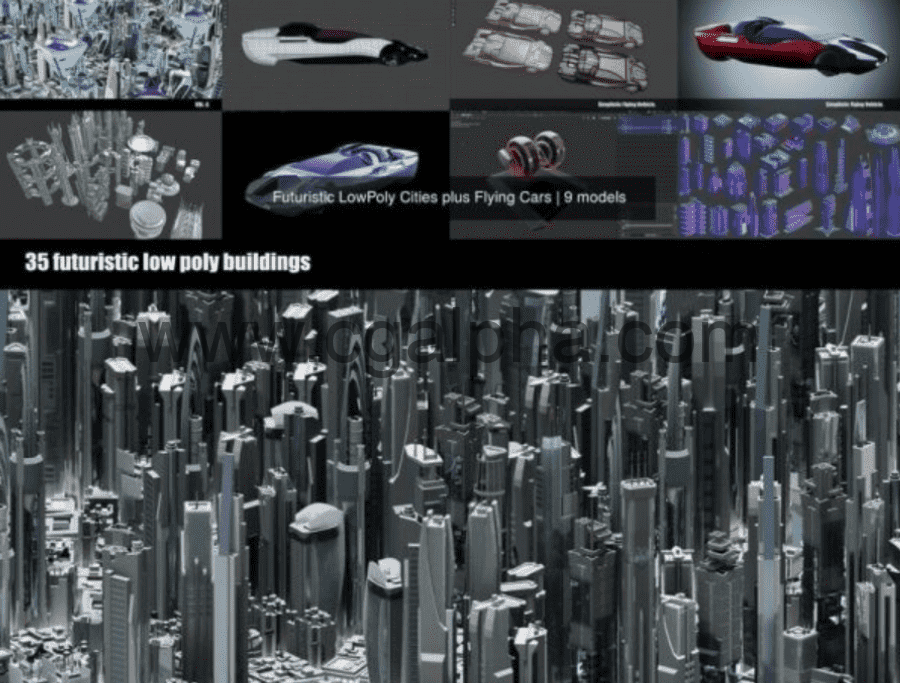 3D模型 – 180组低多边形科幻城市楼房建筑群汽车