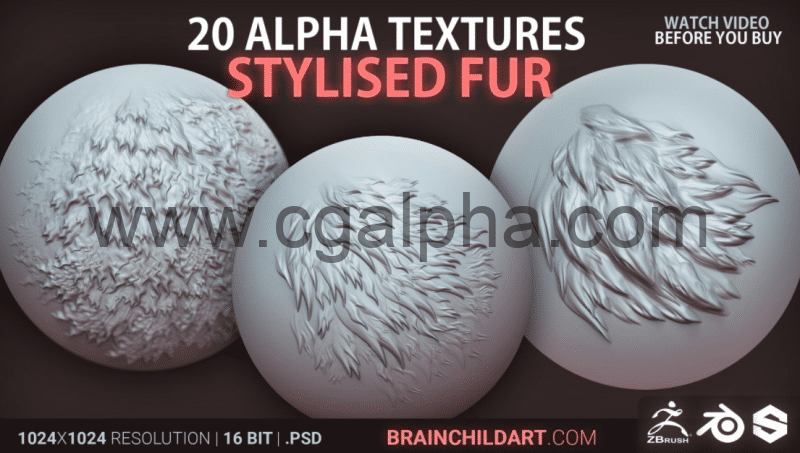 20 种风格化毛发资产 20 ALPHAS | Zbrush、Blender 和 Substance 的 Alpha 包