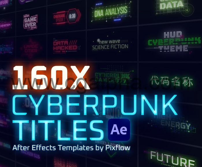 AE脚本 – 160种赛博朋克科幻文字标题标注背景视频包装动画 Cyberpunk