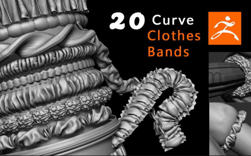 ZBrush笔刷 – 衣服褶皱曲线笔刷素材 Clothes Bands Curve Brushes