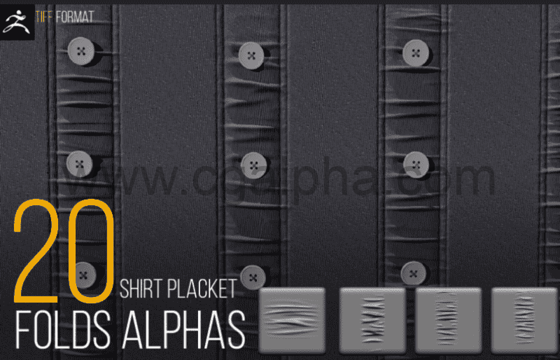 Zbrush – 20种衬衫衣襟褶皱素材 ALPHAS SHIRT PLACKET FOLDS