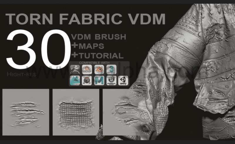 Zbrush笔刷 – 撕裂的织物VDM笔刷 Torn Fabric Brushes + Full Maps