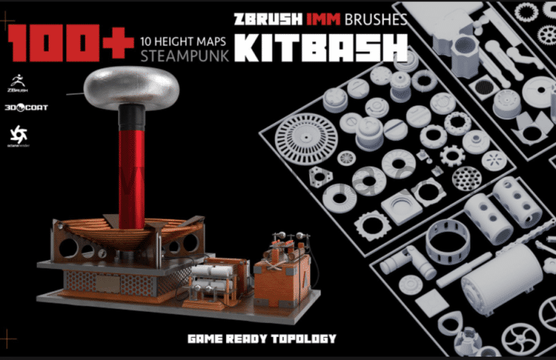 100种蒸汽朋克风格模型 Steampunk KITBASH PACK (Zbrush IMM Brushes)