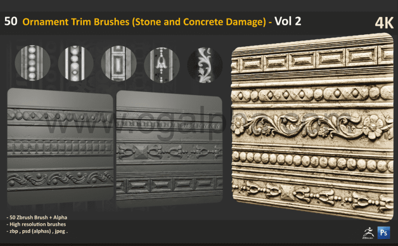 50 个装饰笔刷（石头和混凝土损坏）50 Ornament Trim Brushes