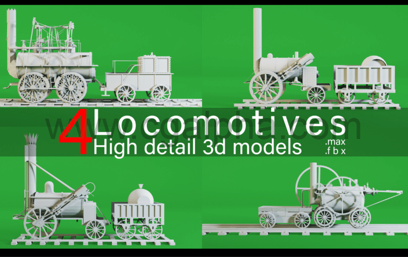 模型资产 – 4辆高细节机车3d模型 4 Locomotives- High detail 3d models