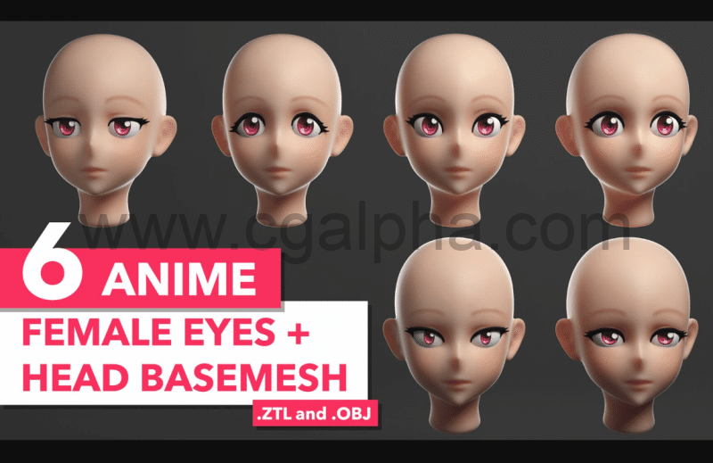 模型资产 – 6 种卡通头部模型 6 Anime Female Eyes + Head Basemesh