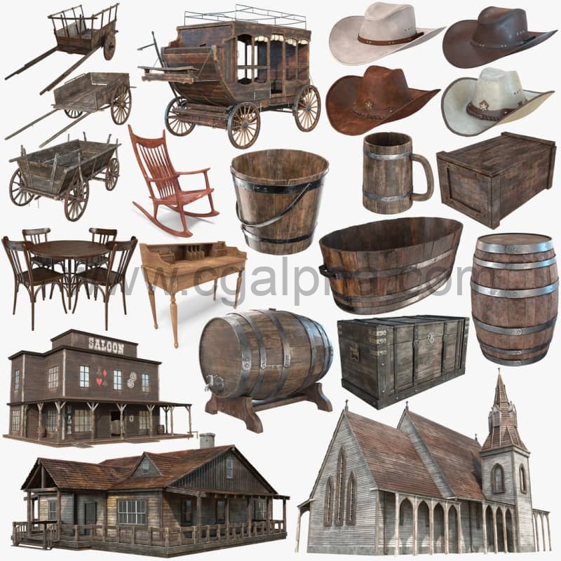 模型资产 – 西方教堂推车酒桶模型资产包 Western Collection PBR Textures 3D model