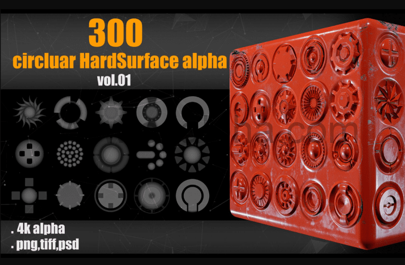 300 种圆形硬表面细节贴图素材 300 Circluar Hardsurface Alpha vol01