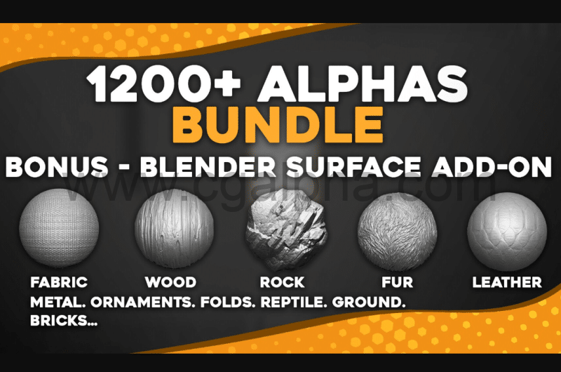 1200 种贴图资产包 1200+ Alphas Bundle for ZBrush, Bledner. Surface Add-on for Blender