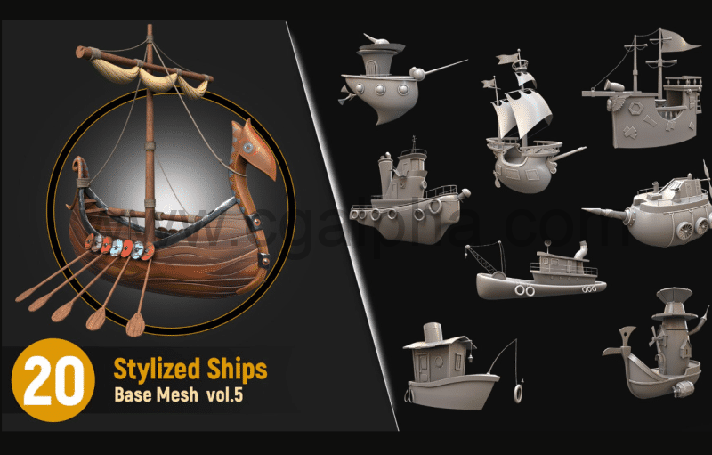 20 种风格化船舶基础模型20 Stylized Ships Base Mesh