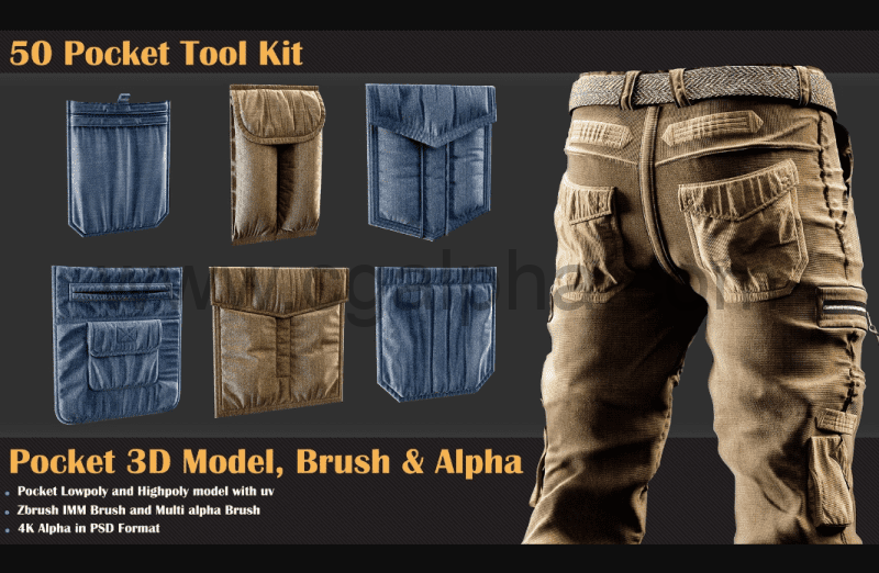 50 种衣服口袋套件 50 Pocket Tool Kit ( 3DModel, Brush, Alpha )