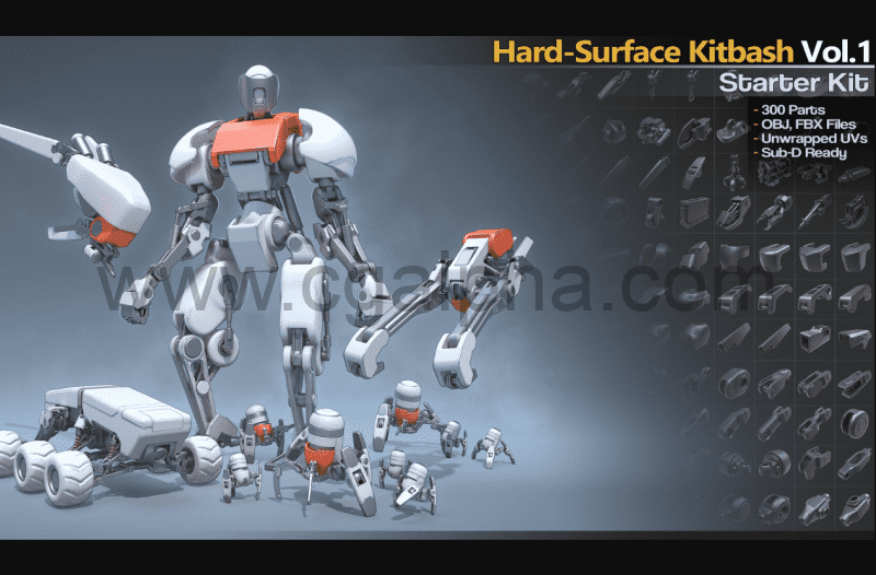 300 种硬表面机械模型资产 Hard-Surface Kitbash