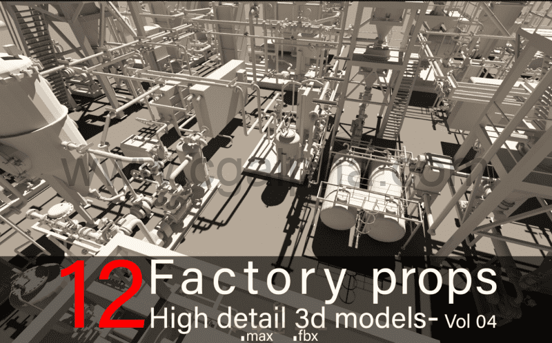 模型资产 – 12个高精度工厂模型道具 12 Factory Props-High detail 3d models- Vol 04