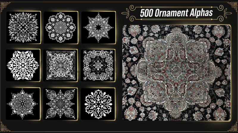 500 个装饰贴图 17k 分辨率  500 Ornament Alphas ( Largest Ornament Library ) 17k Resolution