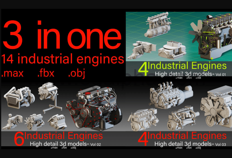模型资产 – 14 个发动机引擎3D模型 14 Industrial Engines- High detail 3d models