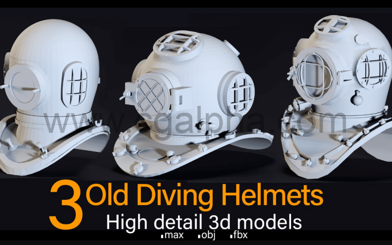 模型资产 – 3 种高细节旧潜水头盔3d 模型  3 Old Diving Helmets- High detail 3d models