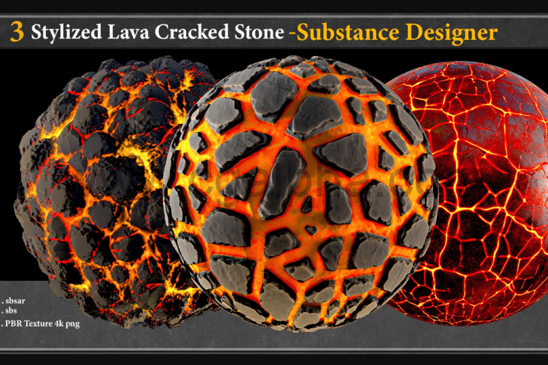 3 种风格化熔岩材质 Stylized Lava Cracked stone_substance designer_sbsar+sbs
